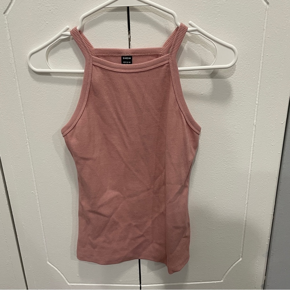 SHEIN Pink Ribbed High Neck Tank Top